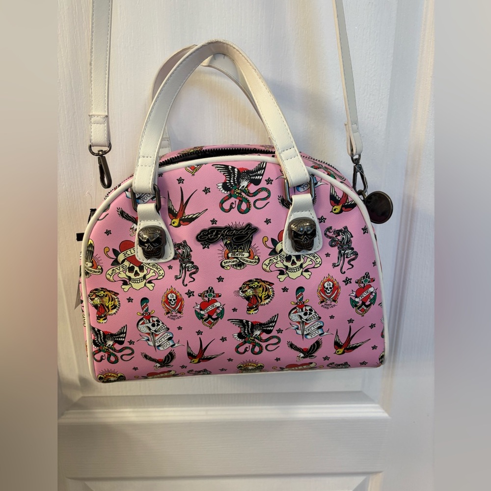 NWT Ed Hardy Pink & White Graphic Weekender Satchel Bag